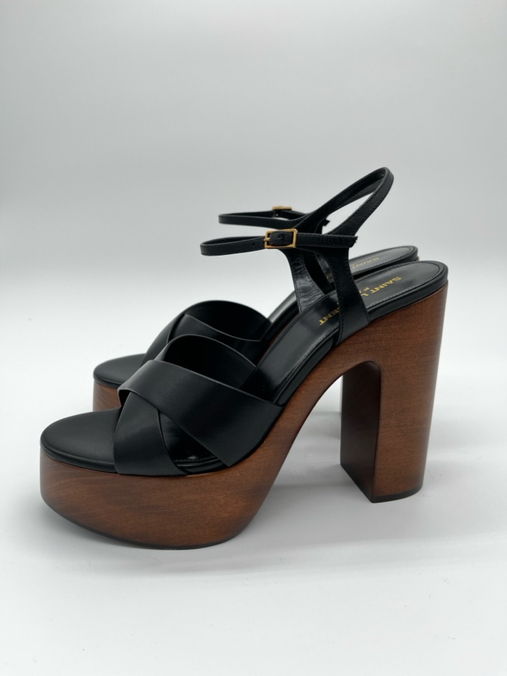 Saint Laurent Bianca Platform Sandals Black Leather Woodgrain heels - US 11 (EU - Picture 4 of 15